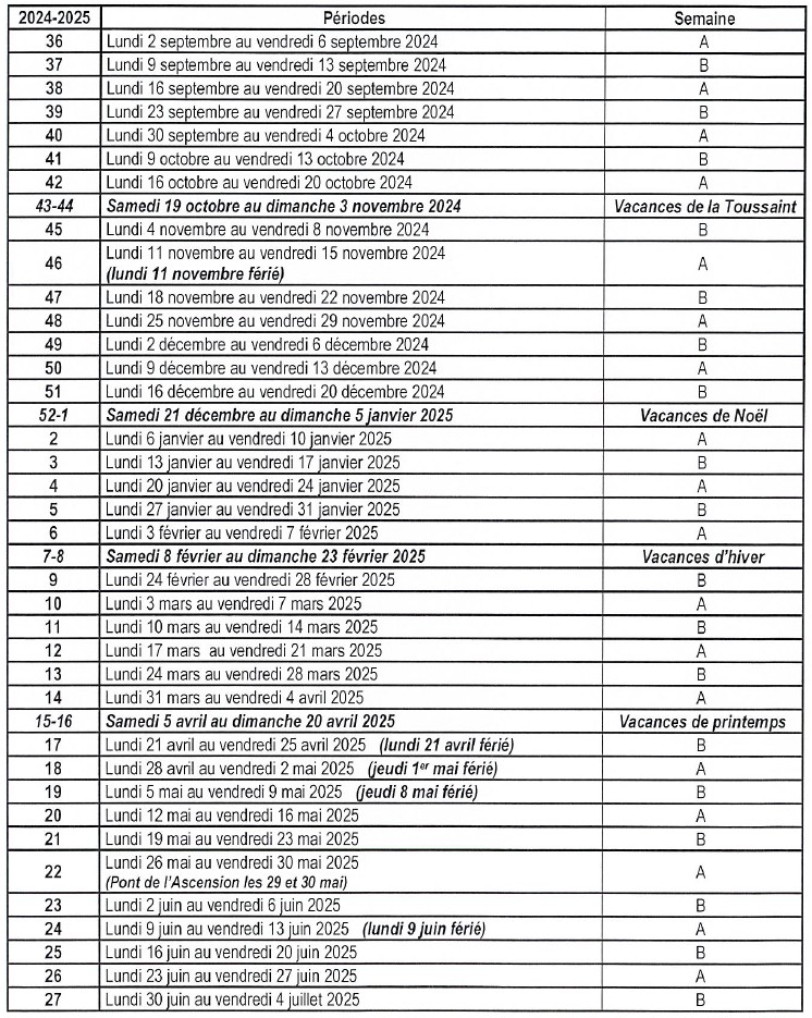 Calendrier scolaire 2024-2025 avec semaines A et B au LPO Charles de Gaulle de Compiègne